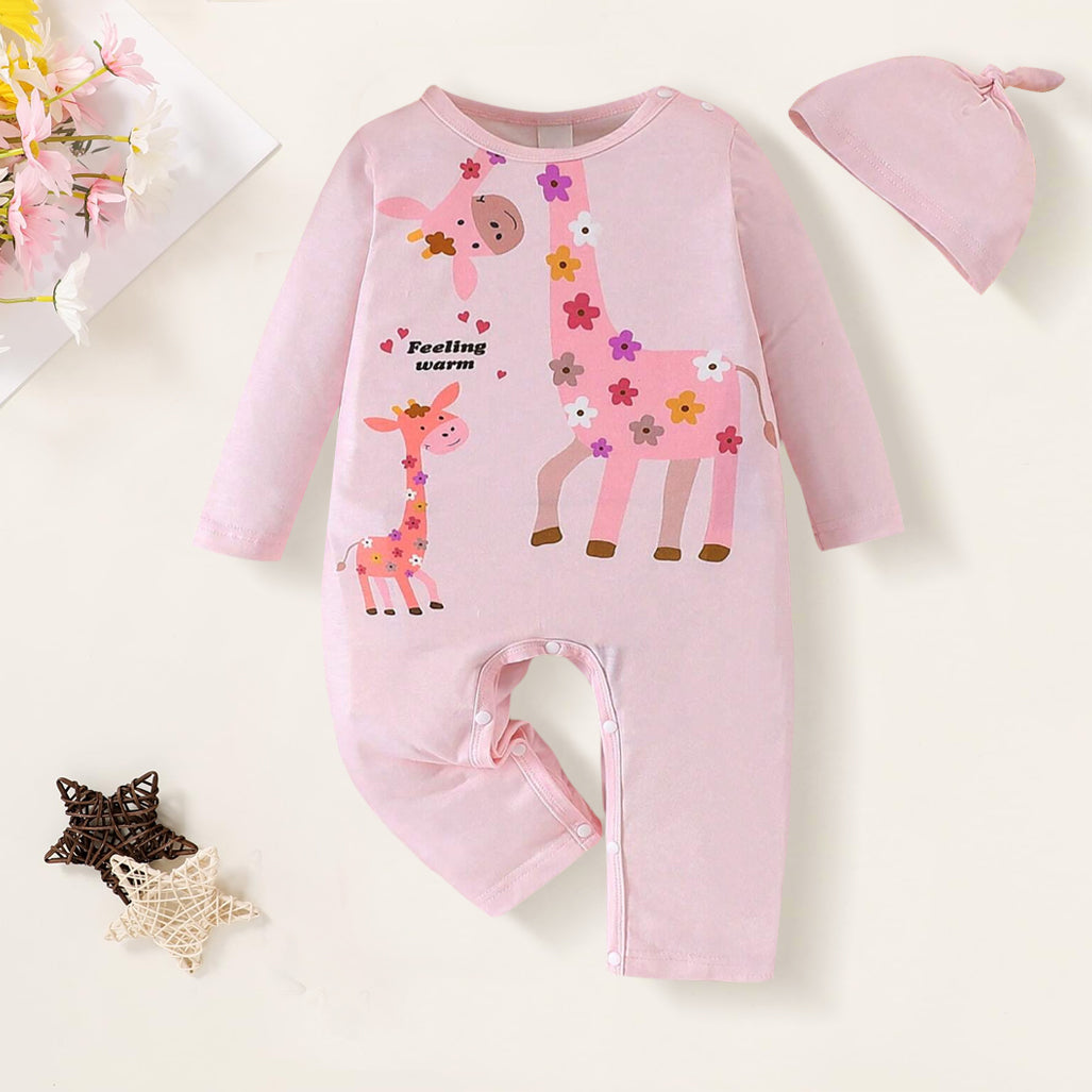 2PCS Cute Giraffe Print Long Sleeve Baby Jumpsuit