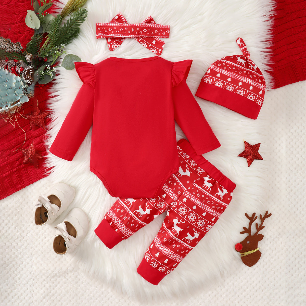 4PCS Santa Baby Letter Printed Long Sleeve Baby Set