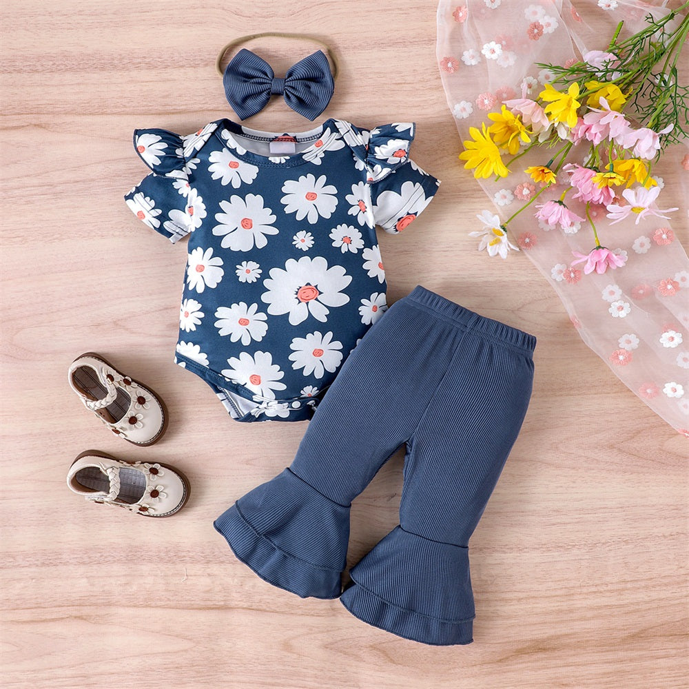 3PCS Casual Cute Floral Print Short Sleeve Baby Set