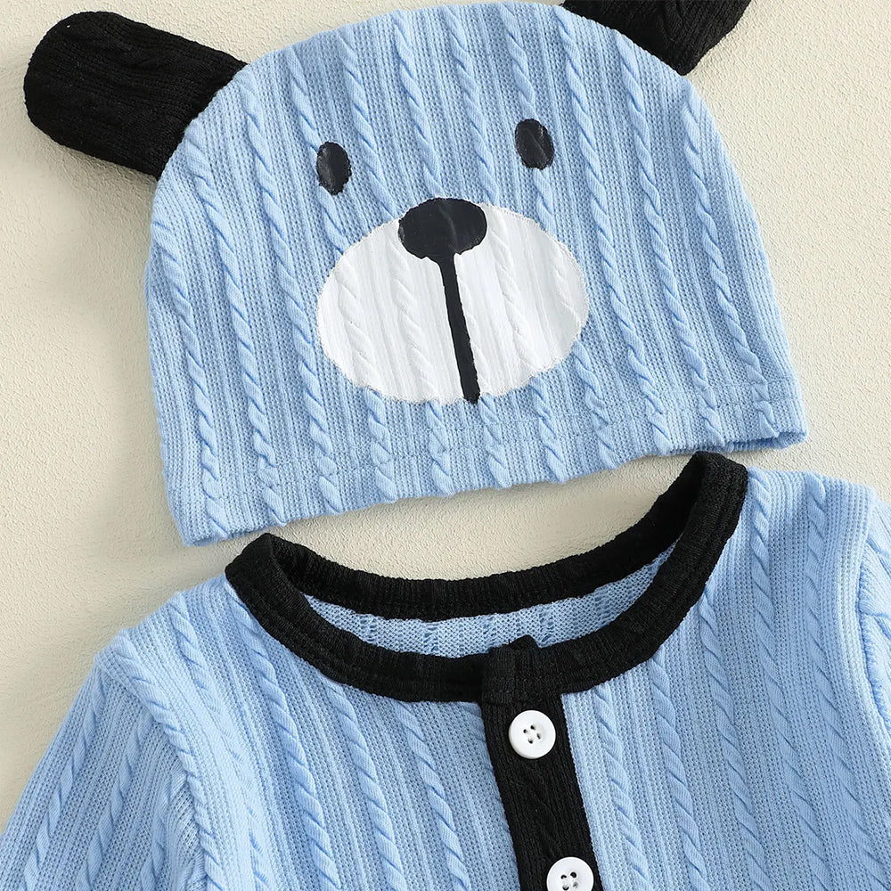 3PCS Cute Bear Print Long Sleeve Baby Overalls Set