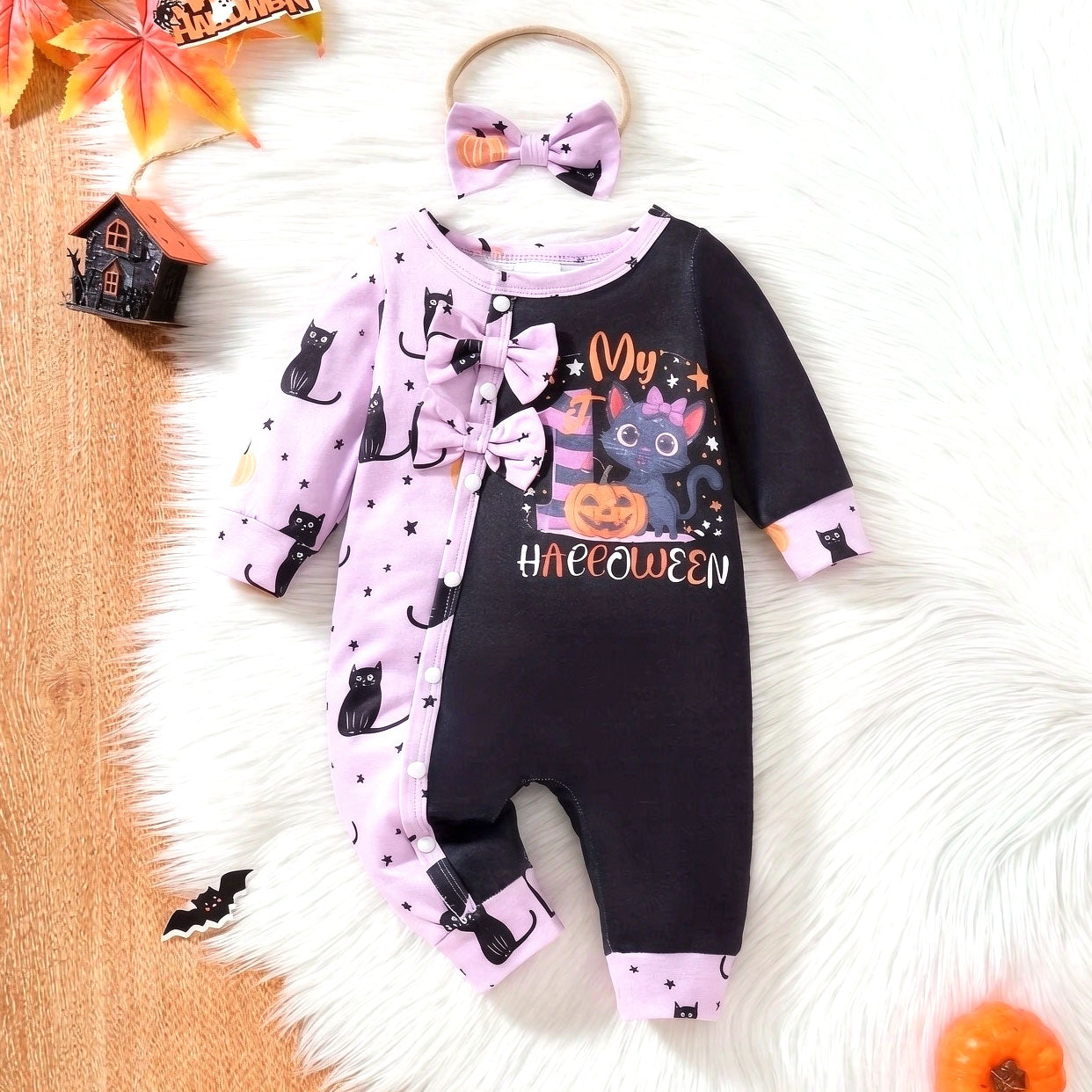 2PCS My 1st Halloween Letter Cat and Stars Printed Baby Girl Jumpsuit