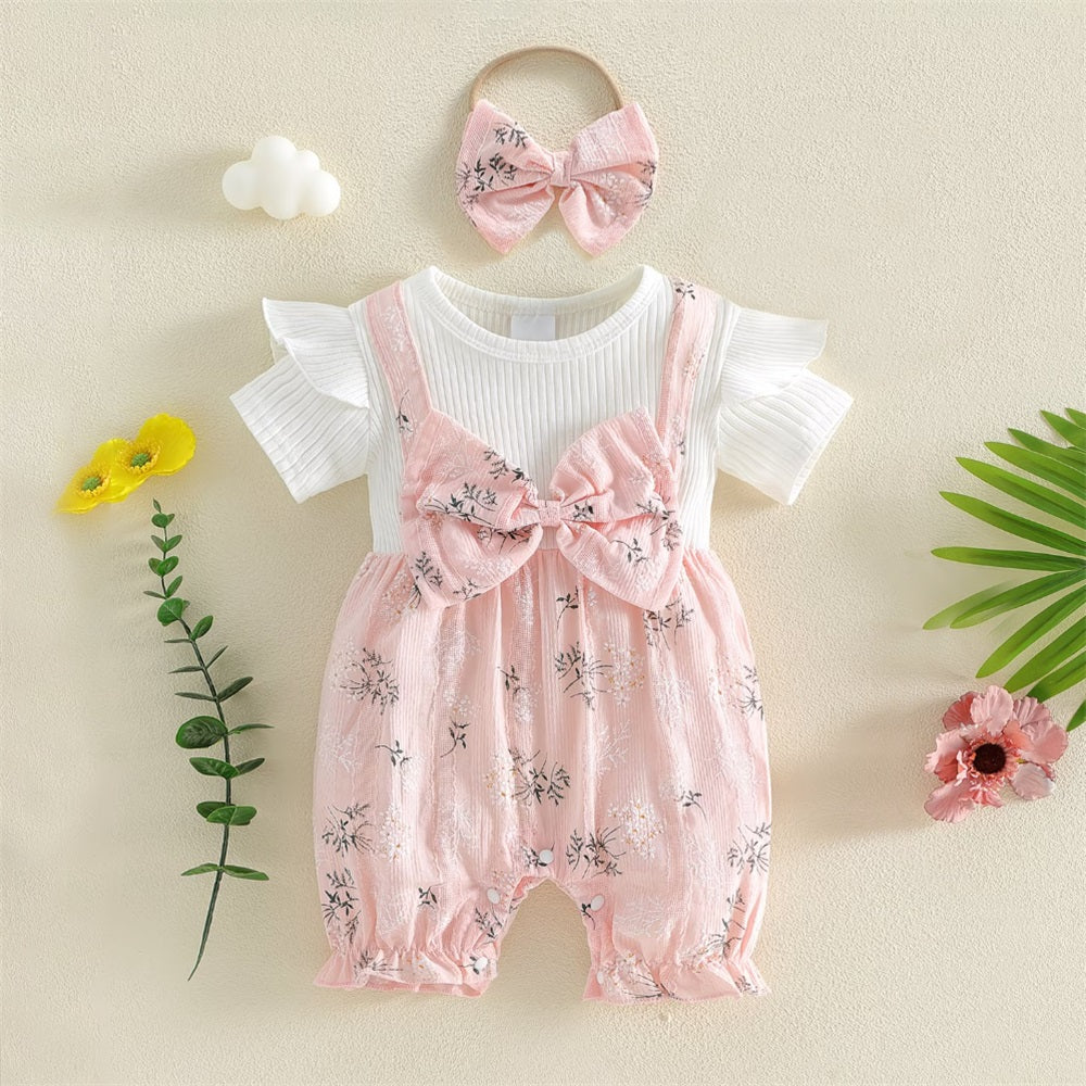 2PCS Sweet Floral Printed Bow Short Sleeve Baby Jumpsuit