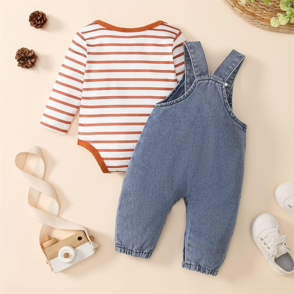 2PCS Casual Bear Print Long Sleeve Denim Overalls Baby Set