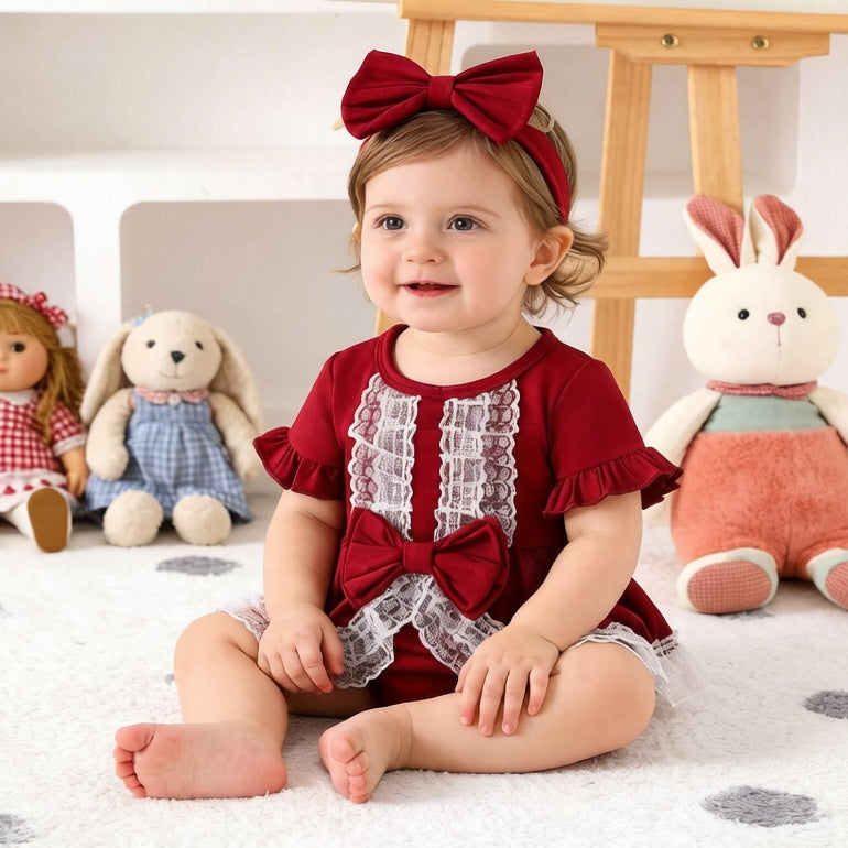 2PCS Charming Bow Lace Decor Short Sleeve Baby Romper
