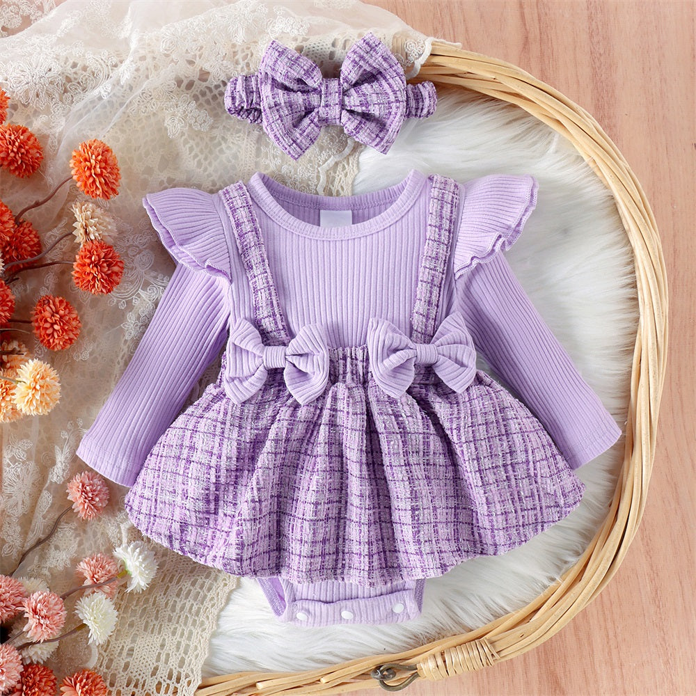 2PCS Stylish Plaid Printed Long Sleeve Baby Girl Romper