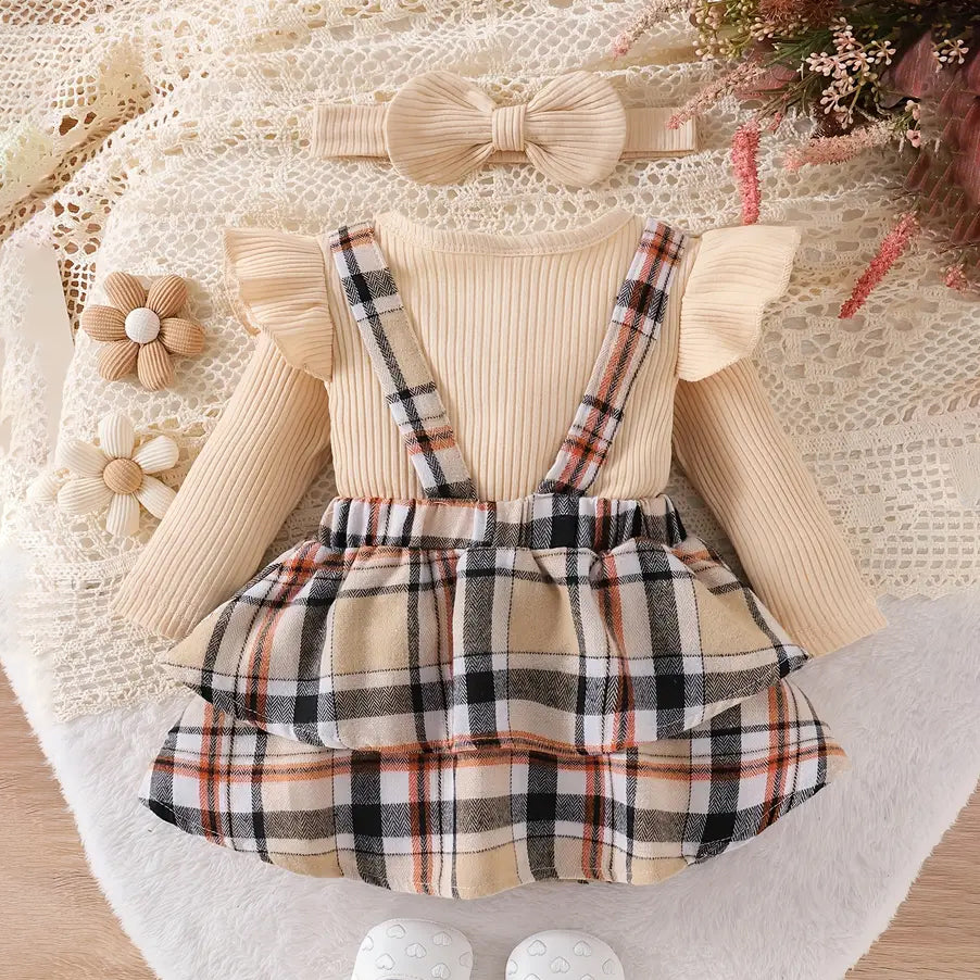 3PCS Stylish Plaid Printed Bowknot Long Sleeve Baby Set