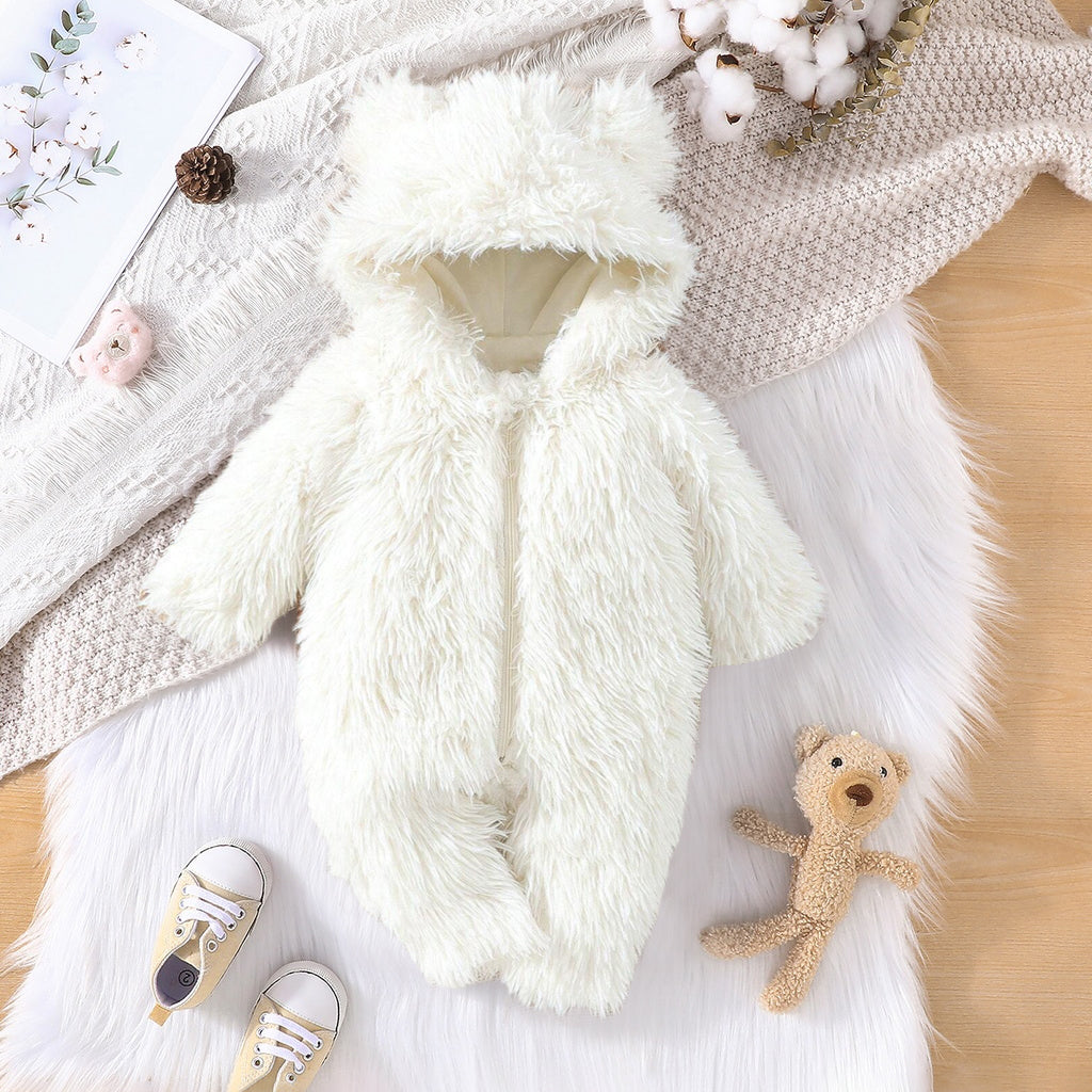 Cute 3D Ear Furry Solid Color Hooded Zipper Baby Jumpsuit