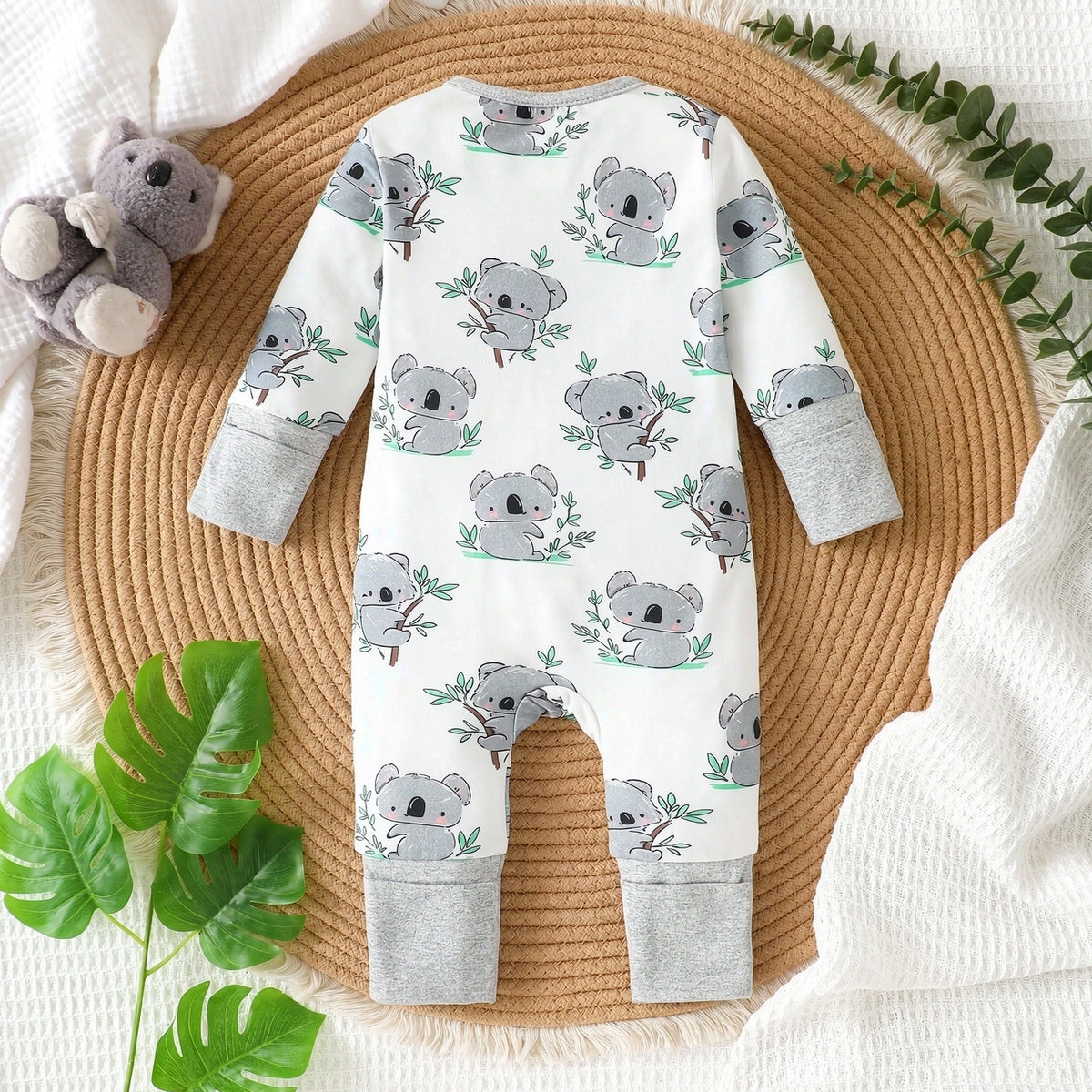 Lovely Koala Printed Long Sleeve Zipper Baby Jumpsuit