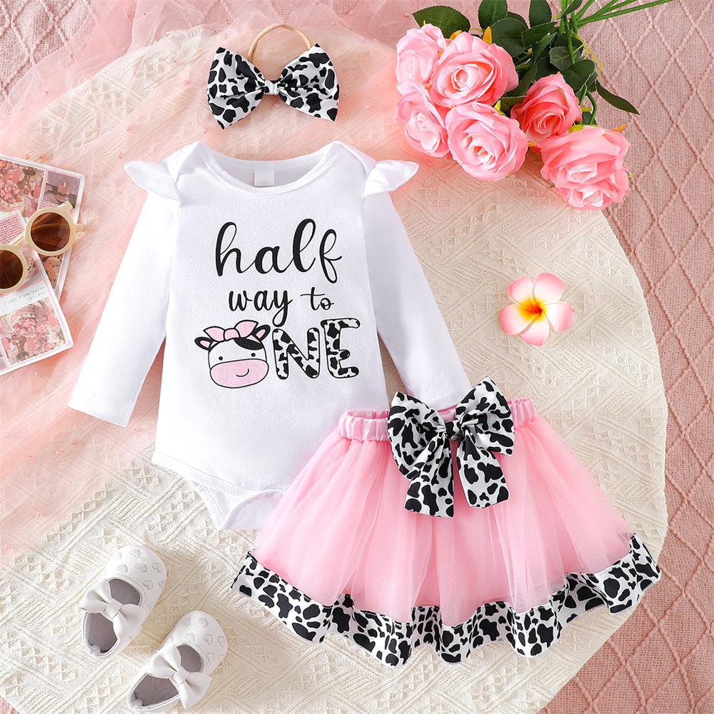 3PCS Halt Way To One Letter Print Long Sleeve Baby Girl Set