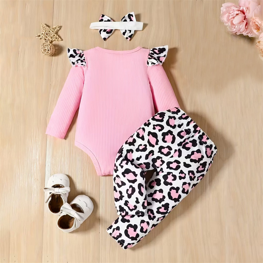 3PCS Princess Has Arrived Letter Printed Leopard Long Sleeve Baby Set