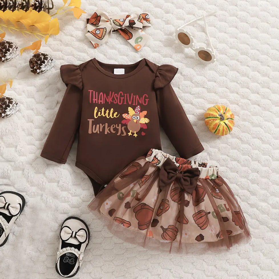 3PCS Thanksgiving Little Turkeys Letter Printed Baby Set