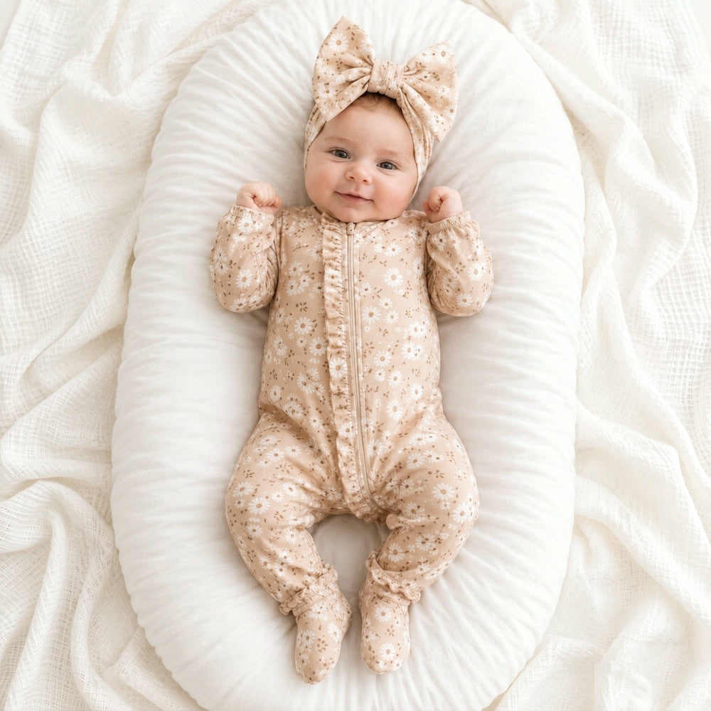 2PCS Daisy Print Ruffle Zipper Long Sleeve Baby Jumpsuit