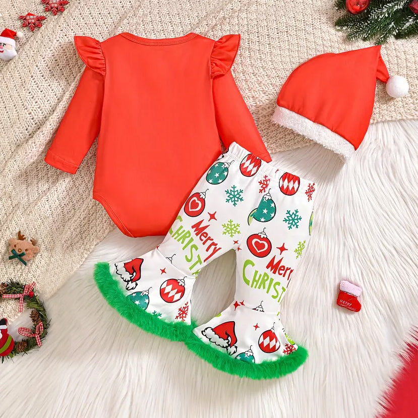 3PCS The Cute Girl Who Stole Christmas Letter Printed Flared Pants Baby Set