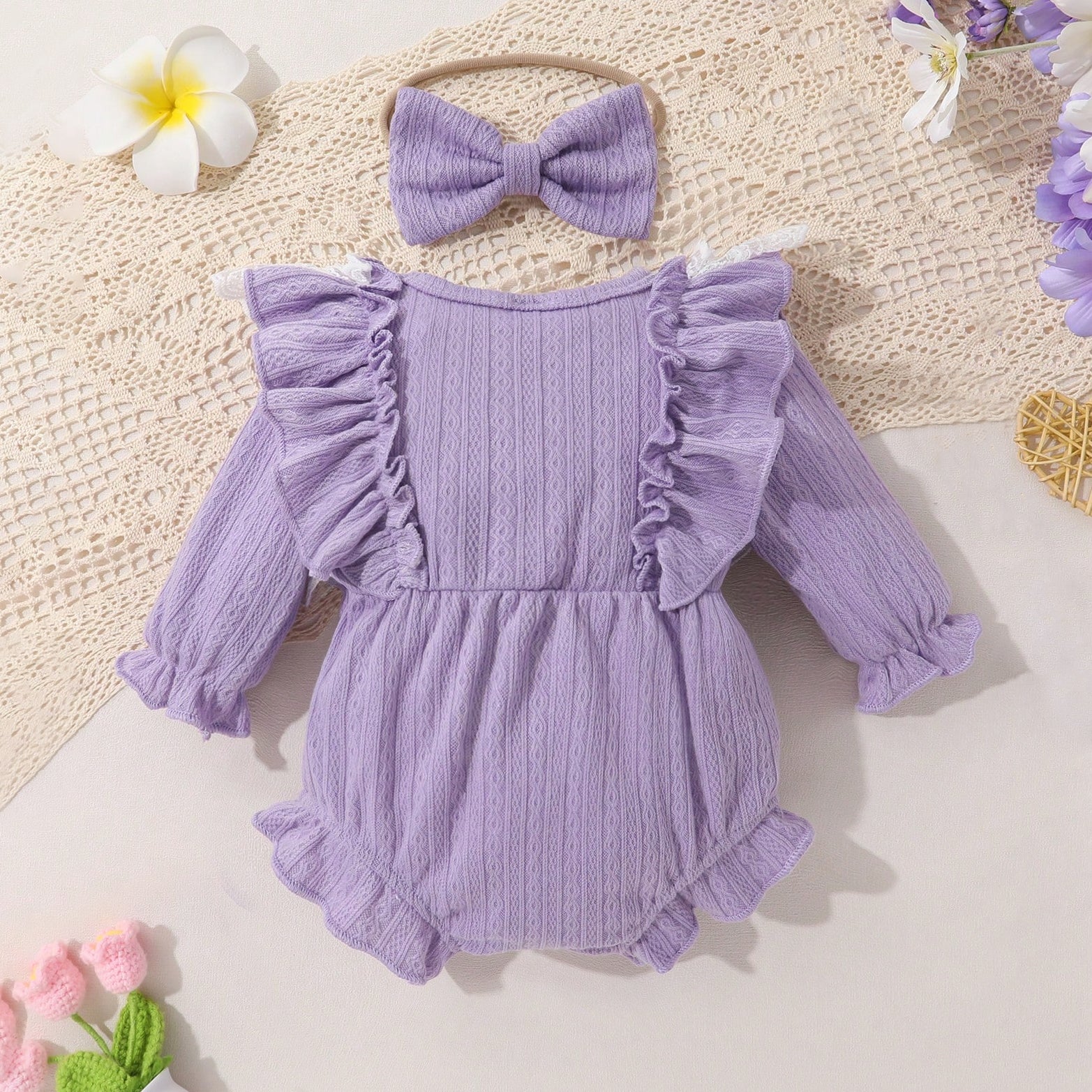 2PCS Lovely Solid Color Ruffles Decoration Lace Baby Girl Romper