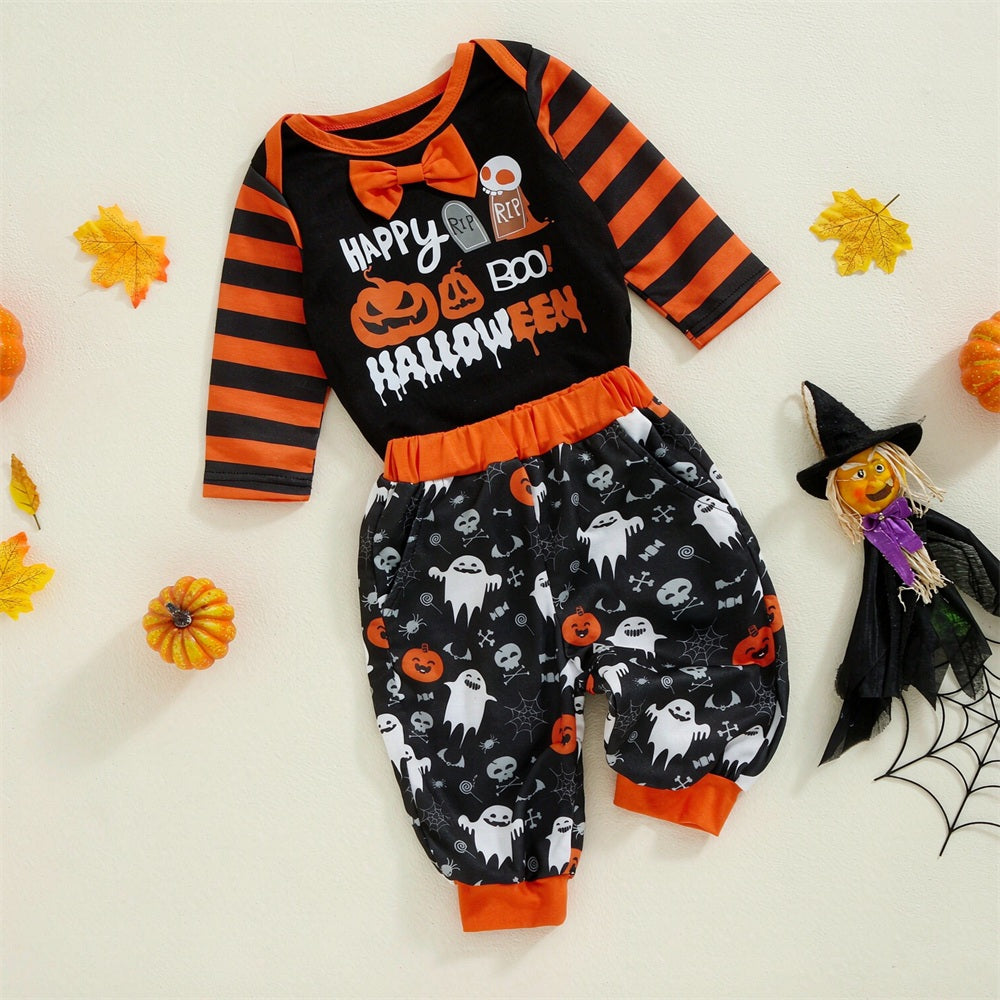 2PCS Happy Boo Halloween Letter Ghost Pumpkin Print Baby Set