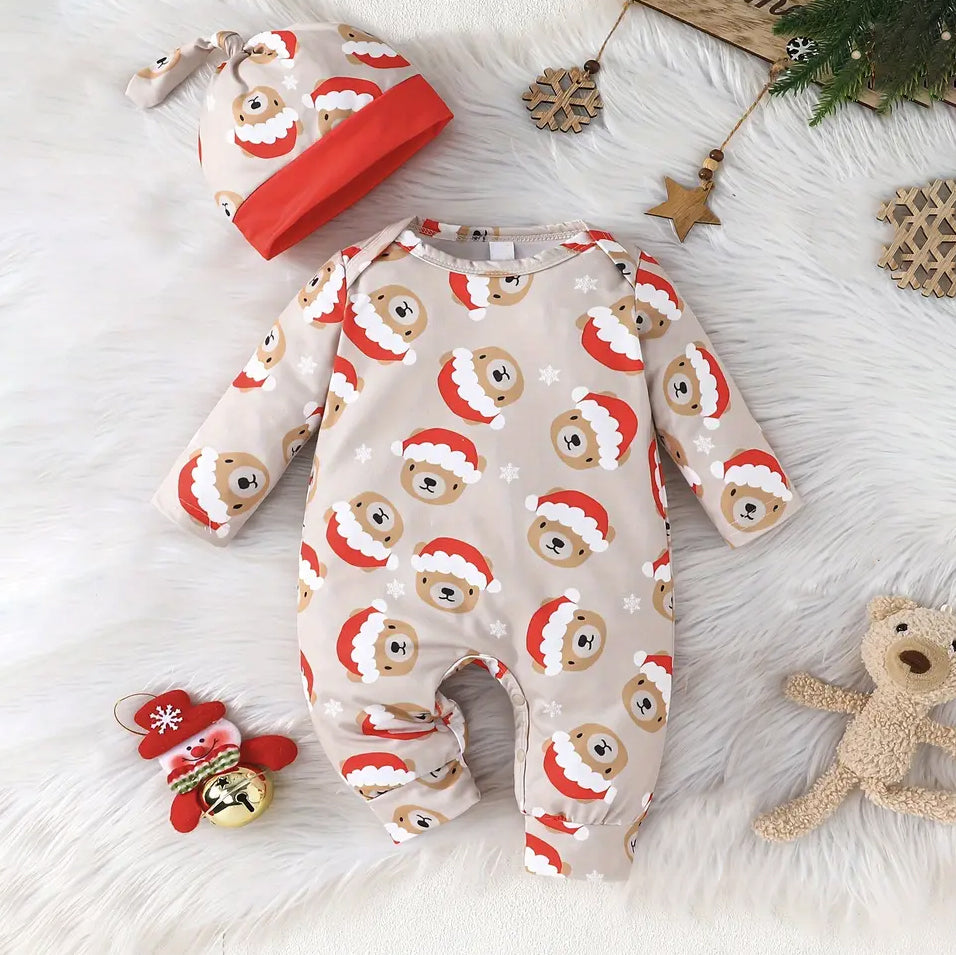 2PCS Bear Santa Hat Printed Long Sleeve Baby Set