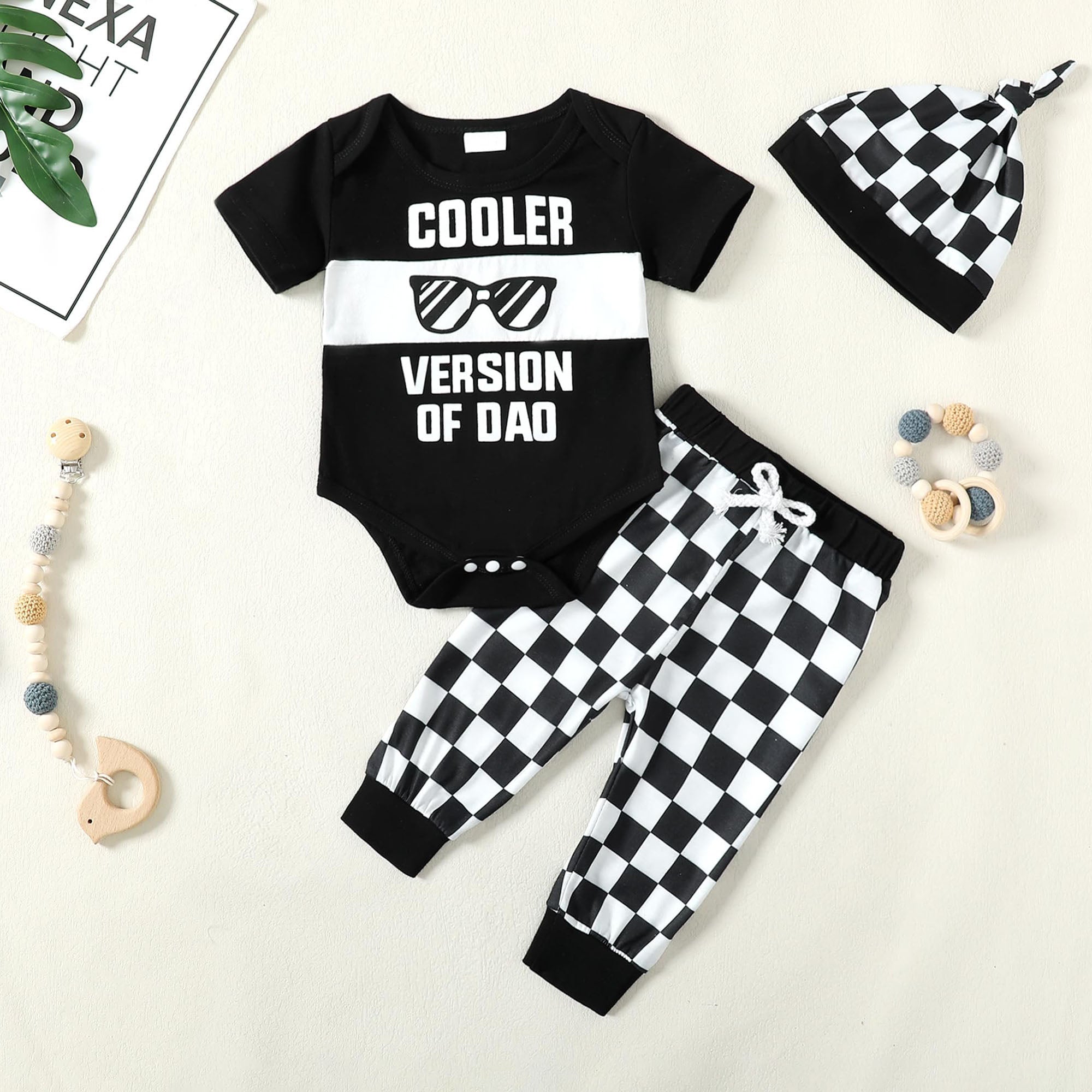 3PCS Cooler Version of Dad Letter Plaid Printed Baby Set