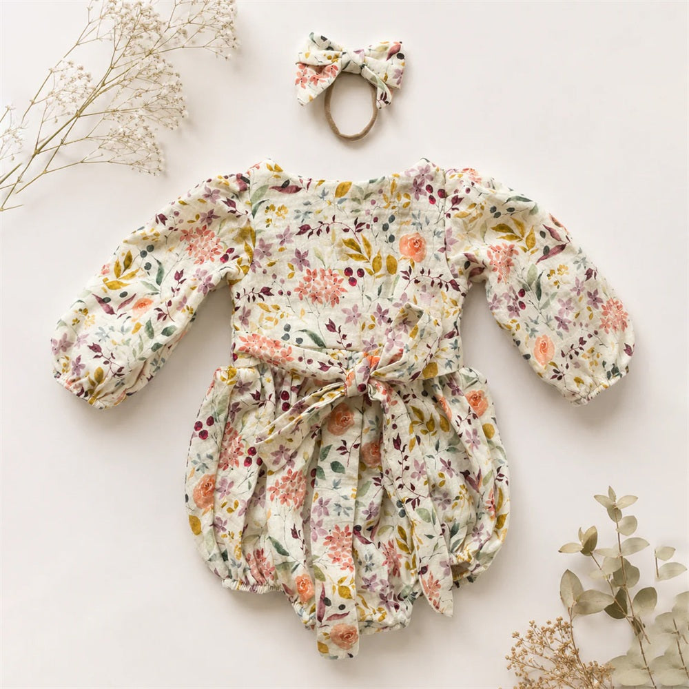 2PCS Grace Floral Print Long Sleeve Baby Girl Romper