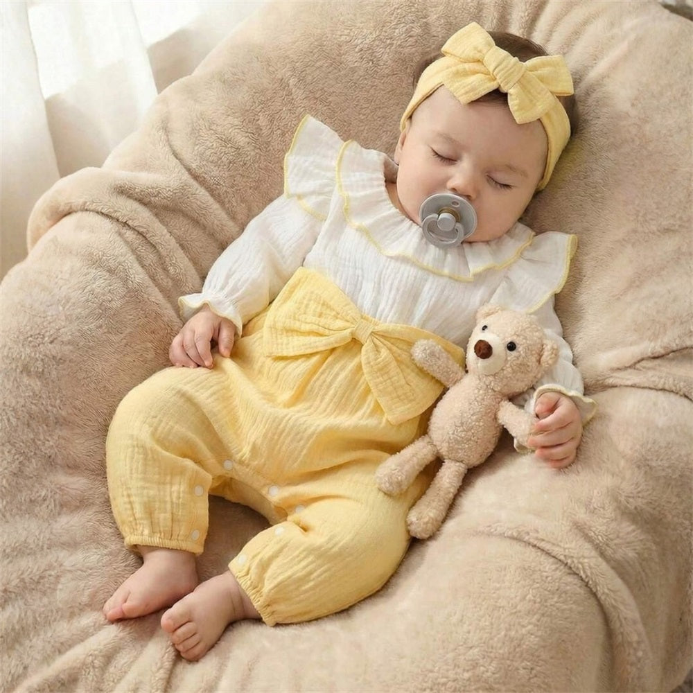 2PCS Ruffle Collar Long Sleeve Patchwork Yellow Bow Baby Jumpsuit