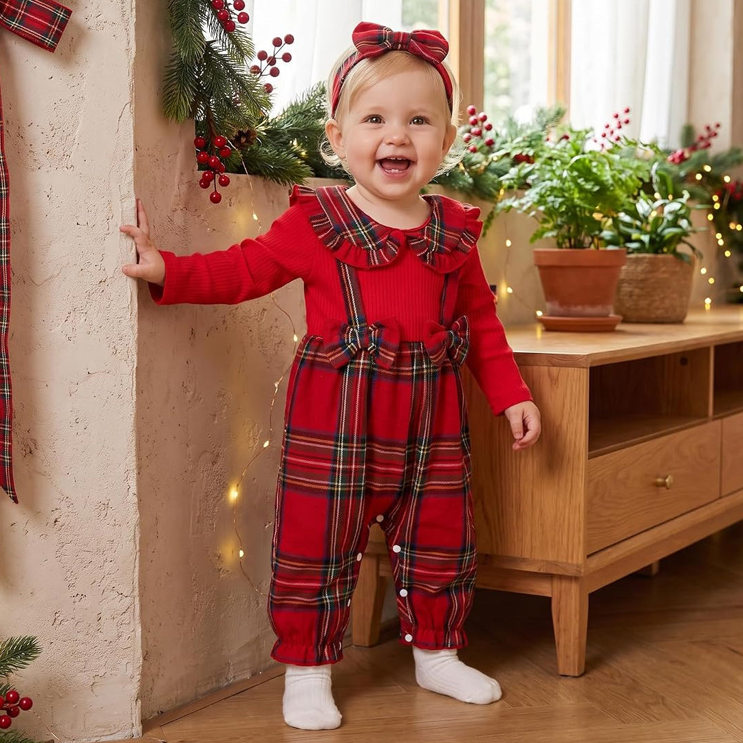 2PCS Cheerful Plaid Print Bow Long Sleeve Baby Girl Jumpsuit