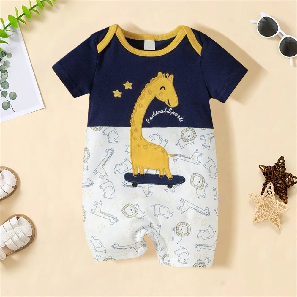 Casual Giraffe Printed Short Sleeve Baby Jumpsuit