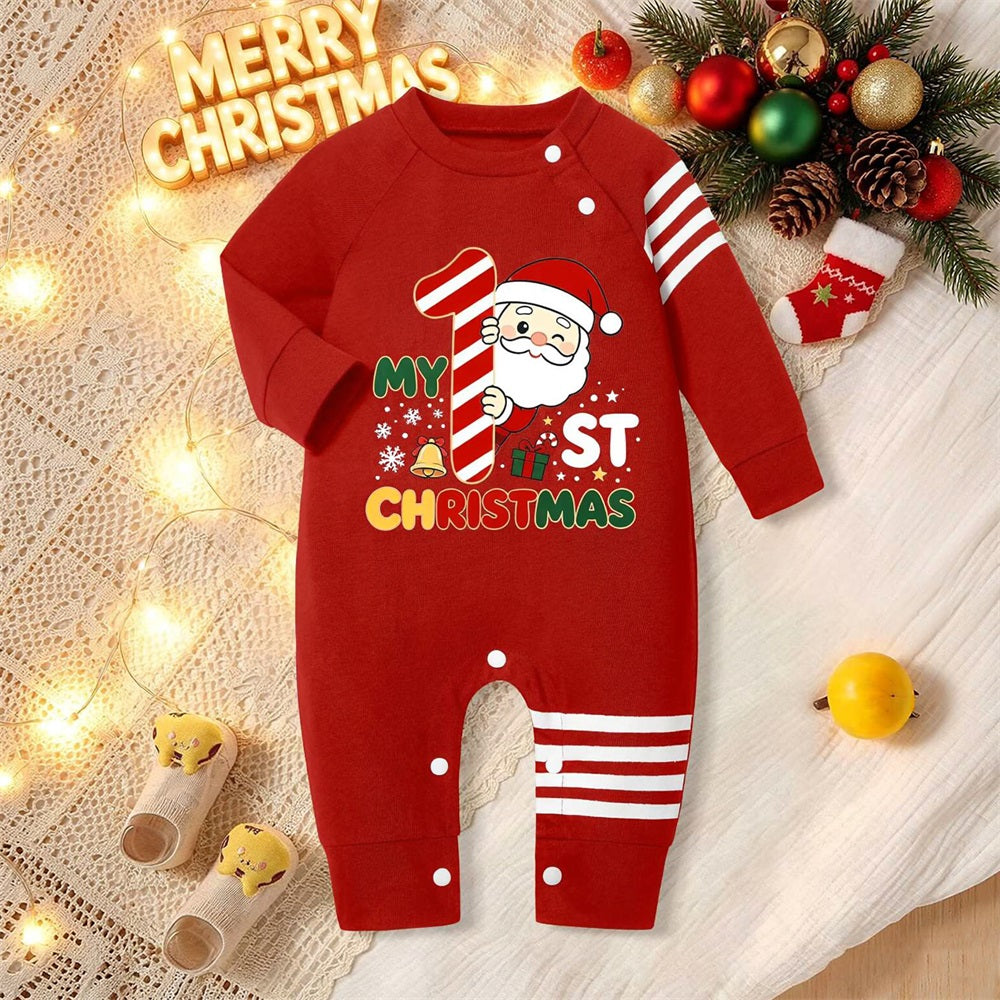 My 1st Christmas Letter Santa Print Long Sleeve Baby Jumpsuit