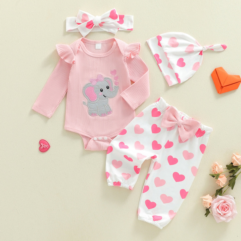 4PCS Lovely Elephant Heart Printed Long Sleeve Baby Girl Set