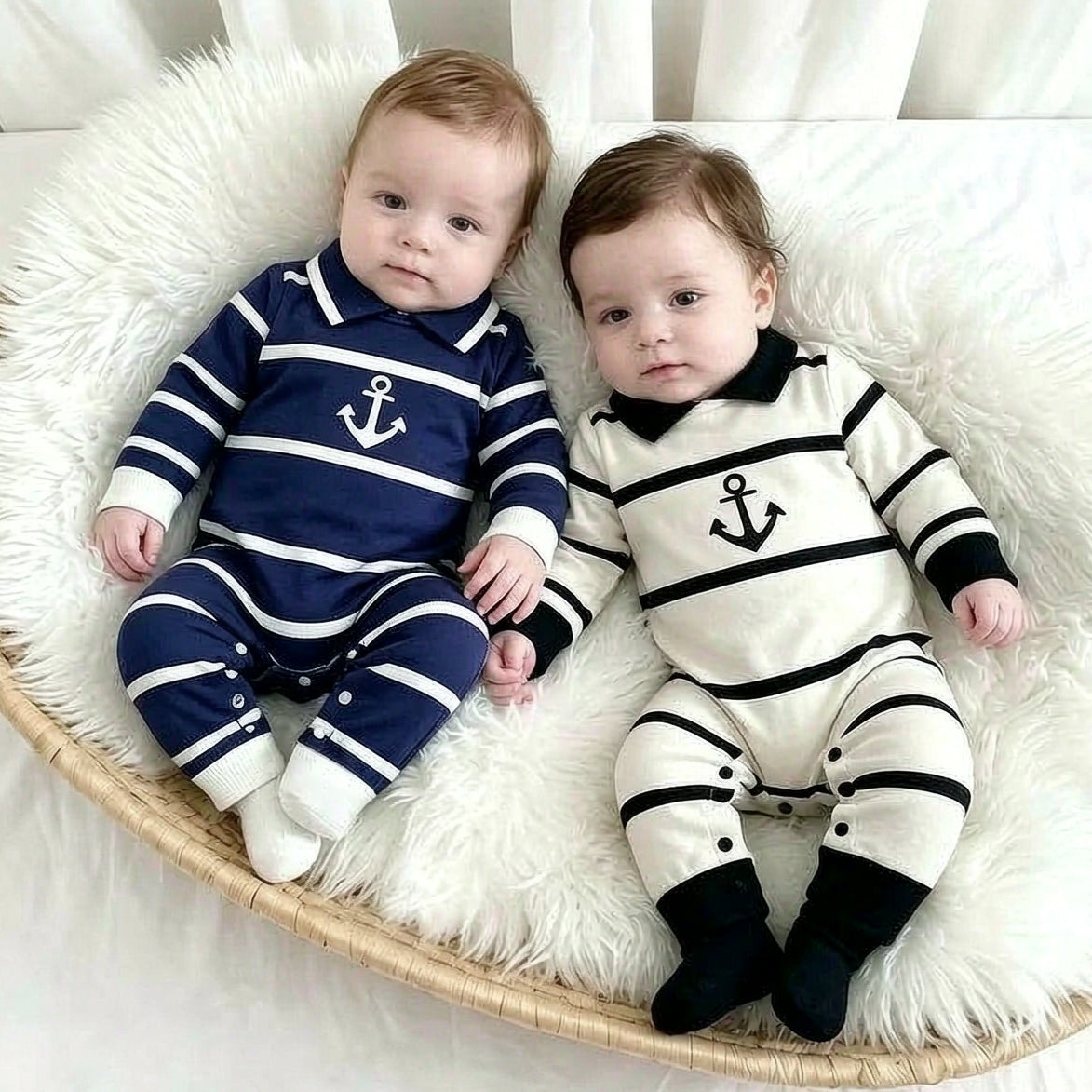 Casual Anchor Stripe Print Long Sleeve Baby Boy Jumpsuit