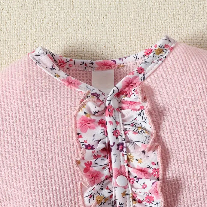 2PCS Sweet Floral Printed Ruffle Decoration Long Sleeve Baby Jumpsuit