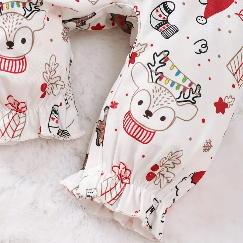 2PCS Christmas Animal Printed Long Sleeve Baby Jumpsuit