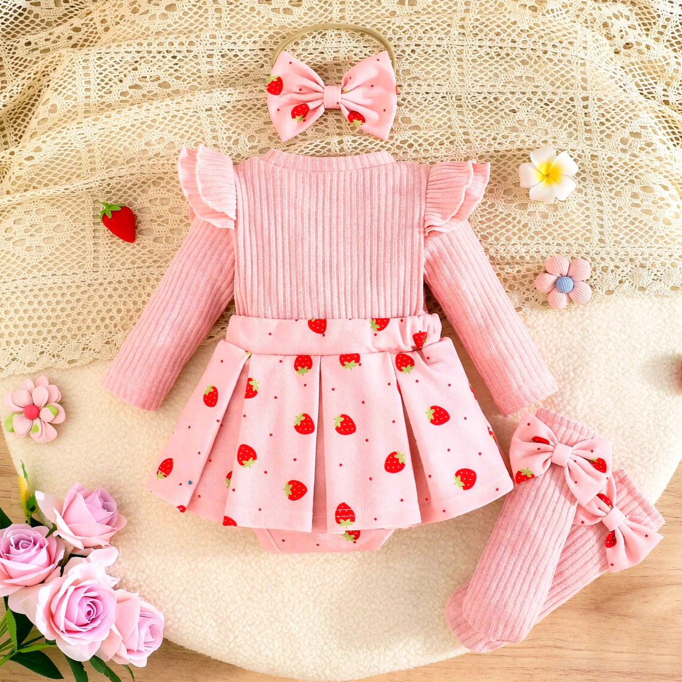 3PCS Chic Strawberry and Polka Dots Printed Long Sleeve Baby Romper