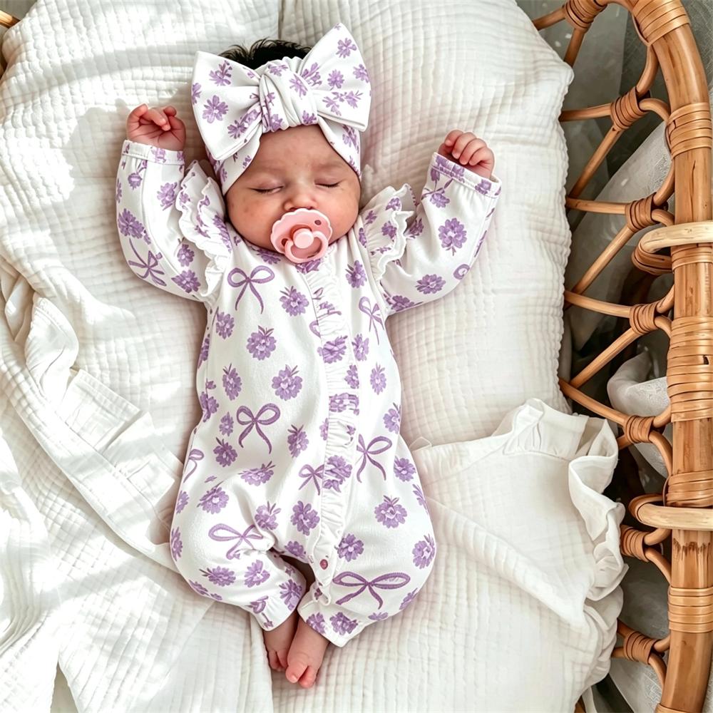 2PCS Charming Floral Bow Print Zipper Long Sleeve Baby Jumpsuit
