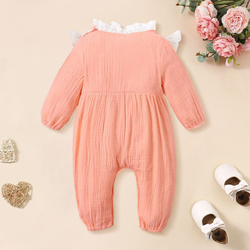 Lovely Floral Printed Lace Long Sleeve Baby Jumpsuit