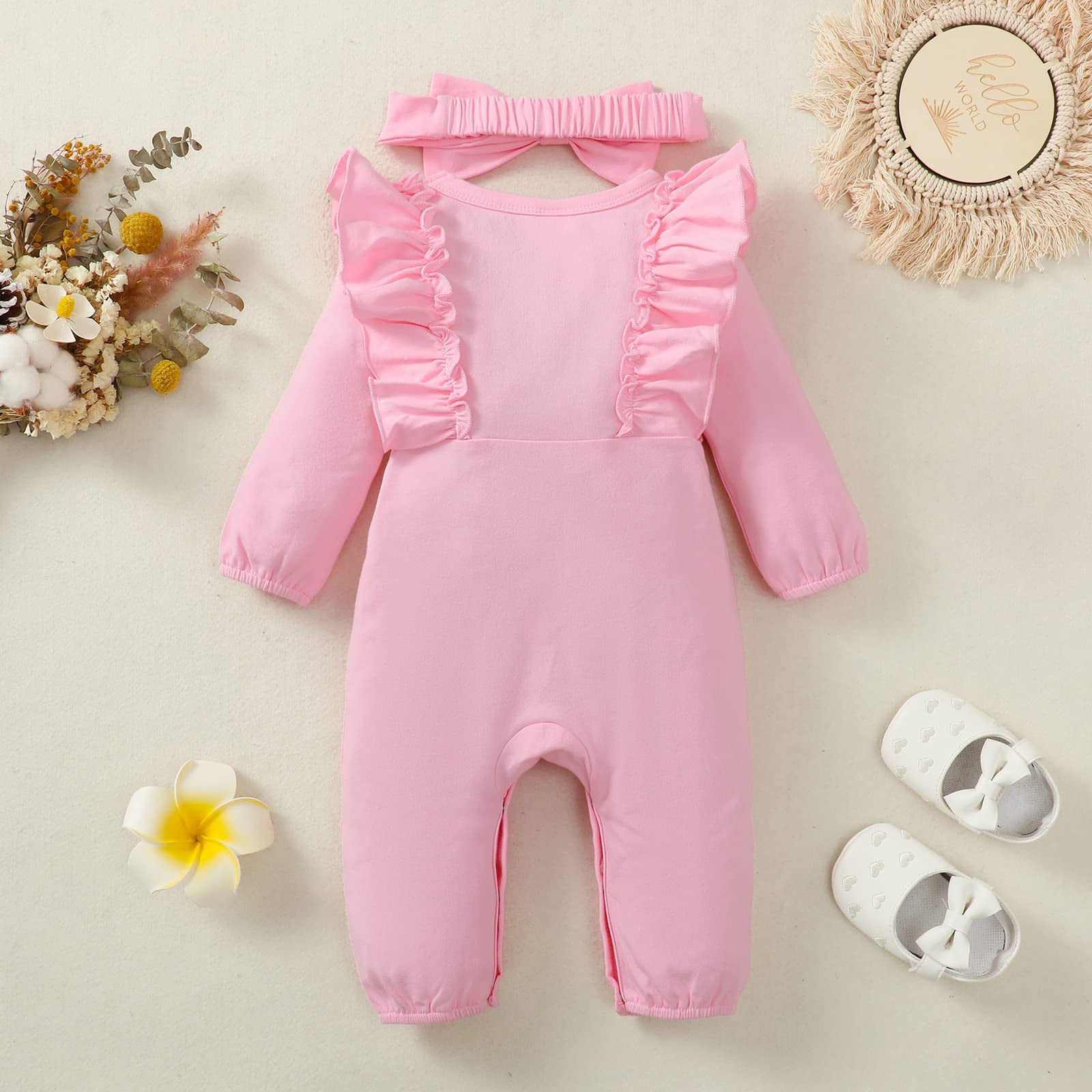 2PCS Lovely Solid Color Long Sleeve Ruffle Baby Jumpsuit