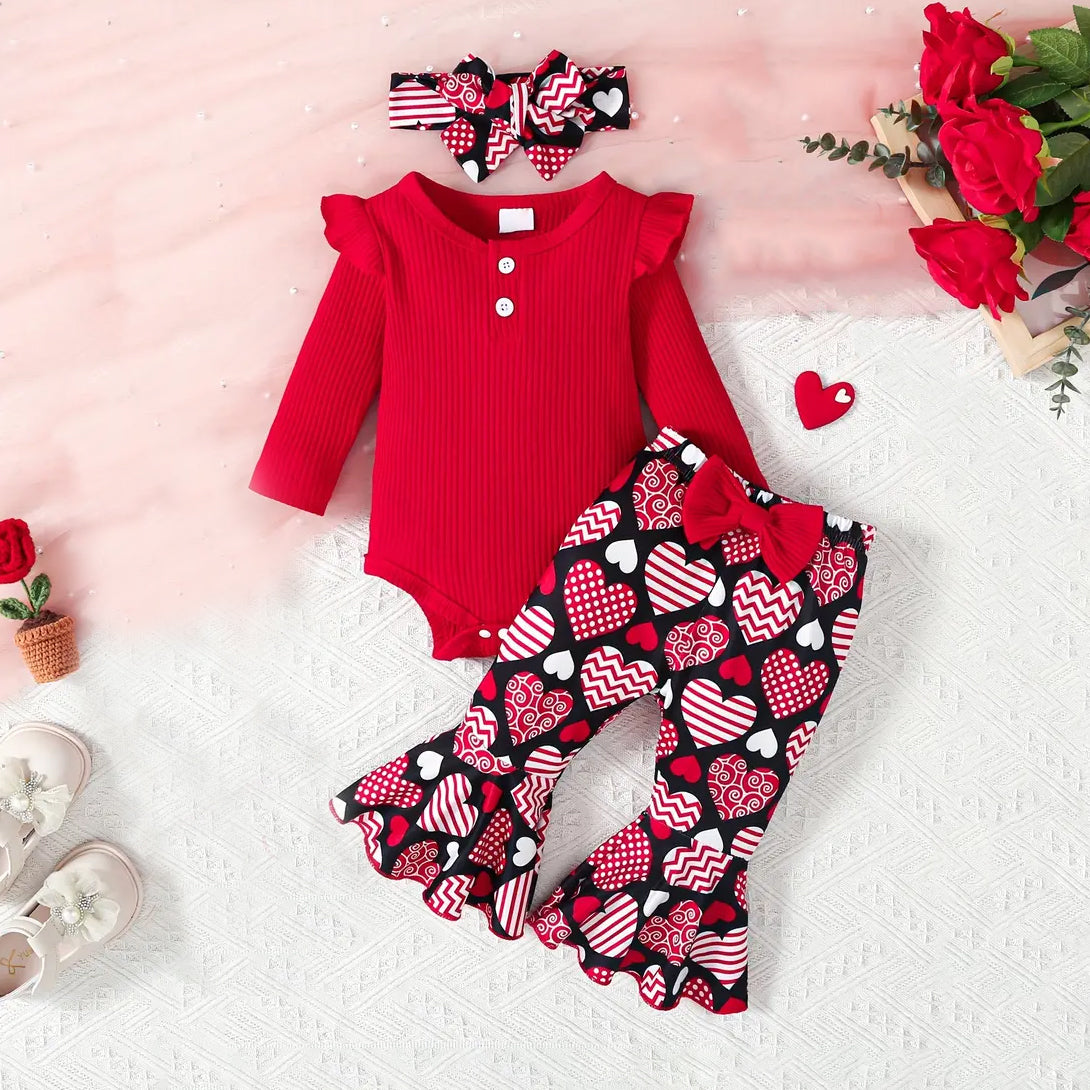 3PCS Ribbed Long Sleeve Heart Print Flared Pants Baby Set