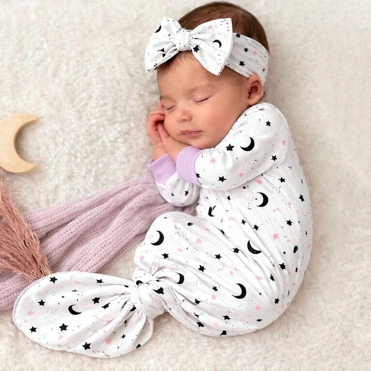 2PCS Lovely Stars and Moon Printed NewBorn Long Sleeve Baby Knotted Gown