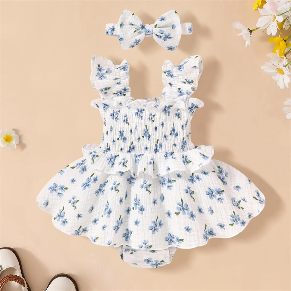 2PCS Summer Floral Printed Frill Trim Sleeveless Baby Romper