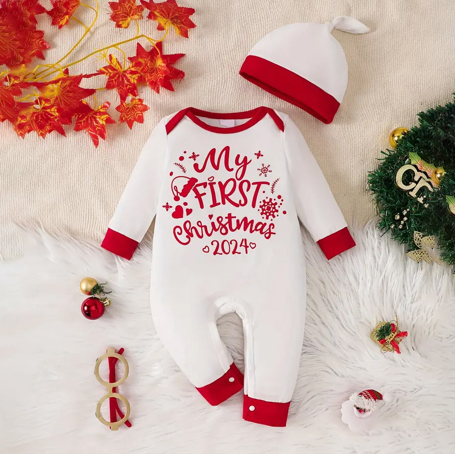 2PCS Lovely My First Christmas 2024 Letter Printed Baby Jumpsuit