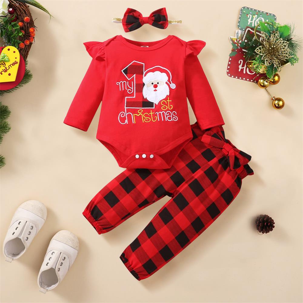 3PCS My 1st Christmas Letter Printed Plaid Baby Set