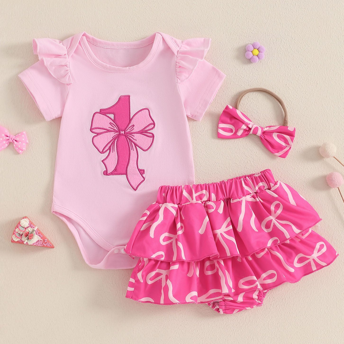 3PCS Cute Bow Printed Short Sleeve Baby Set
