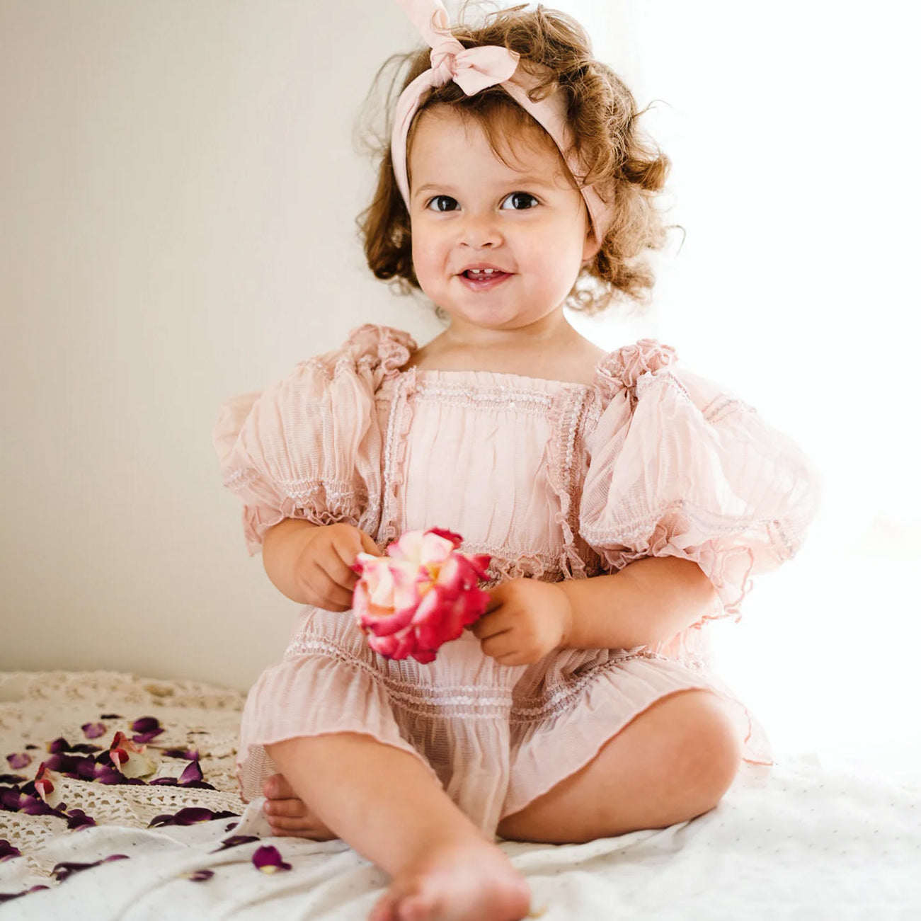 Grace Solid Color Mesh Puff Sleeve Baby Romper
