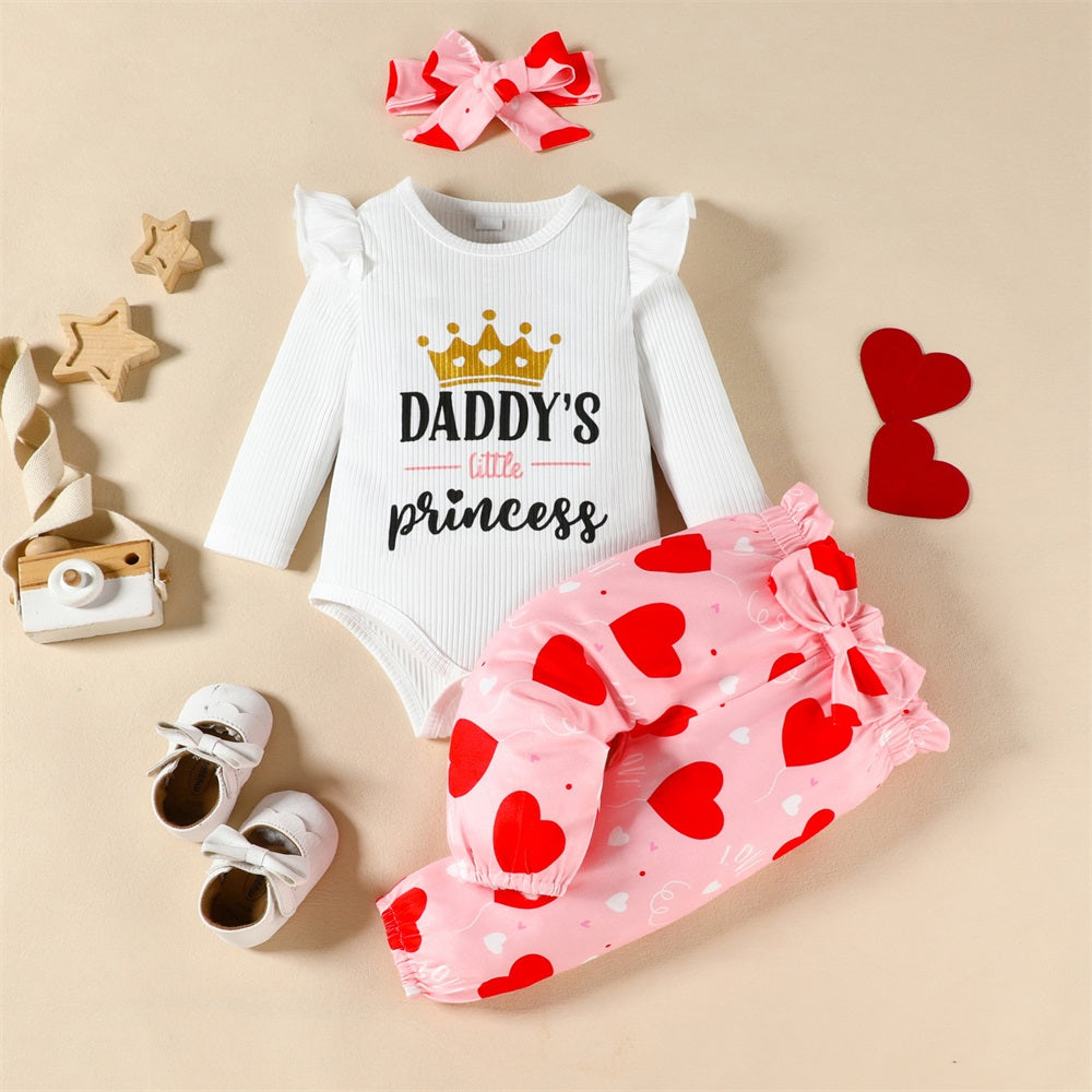 3PCS Daddy's Little Girl Letter Heart Print Long Sleeve Baby Set
