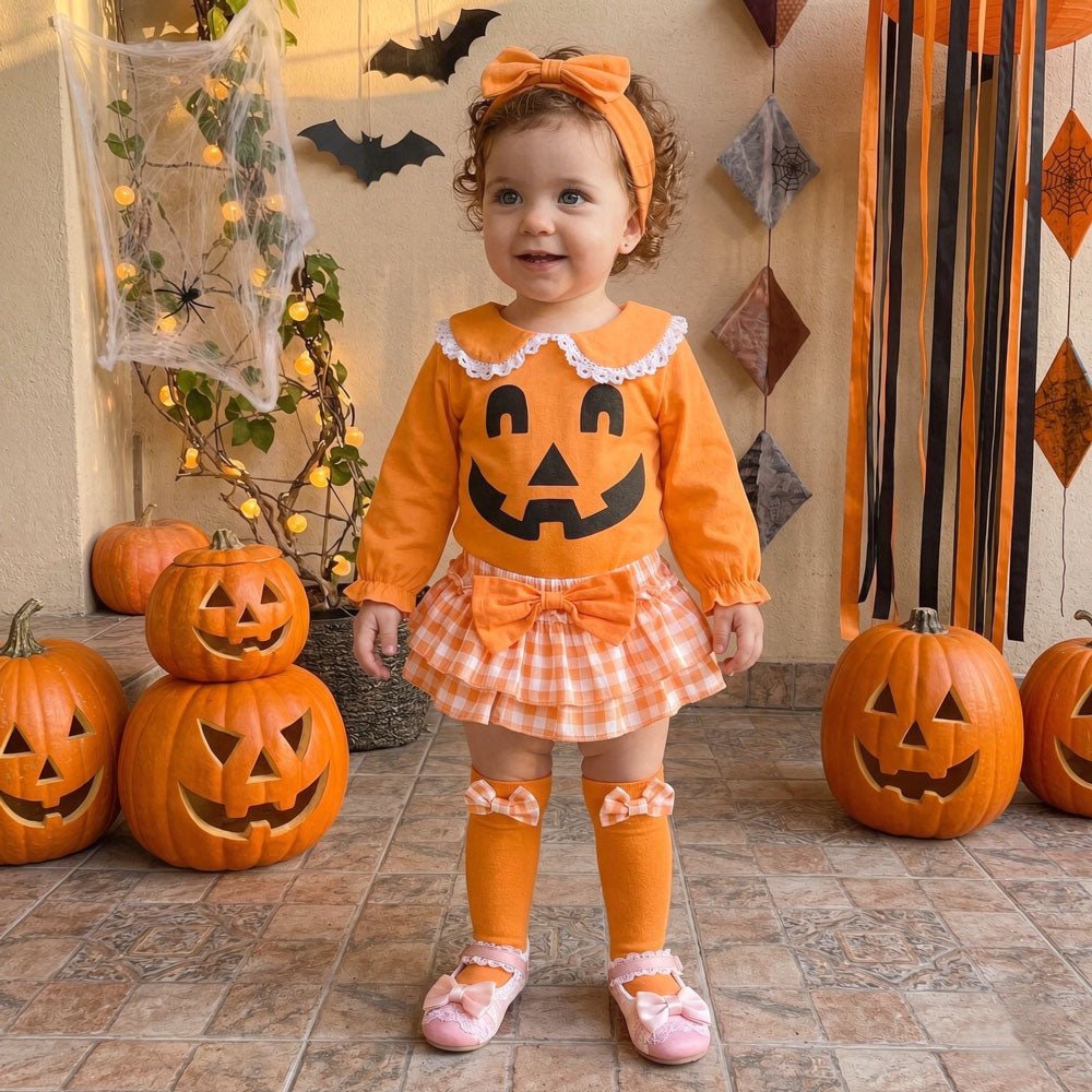 4PCS Lovely Halloween Plaid Printed Long Sleeve Baby Set