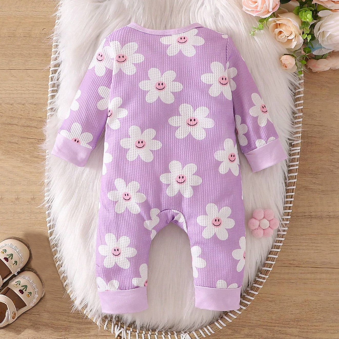 Playful Floral Printed Long Sleeve Zipper Baby Jumpsuit