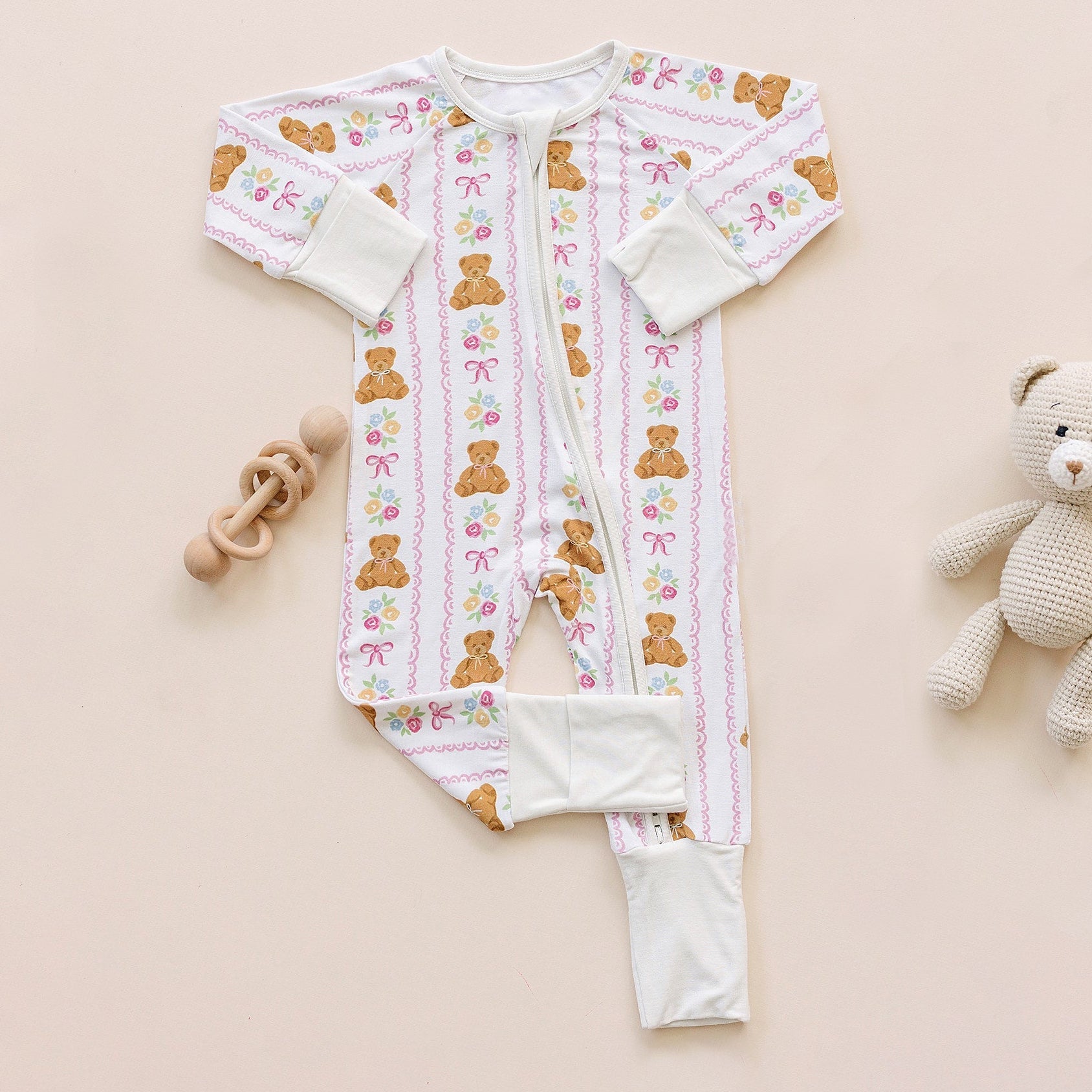 Grace Bear Floral Printed Long Sleeve Zipper Baby Jumpsuit