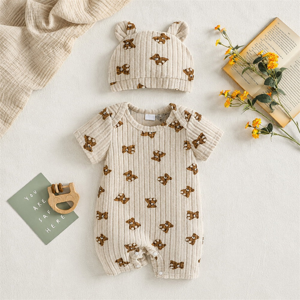 2PCS Fashion Bear Printed Short Sleeve Baby Jumpsuit
