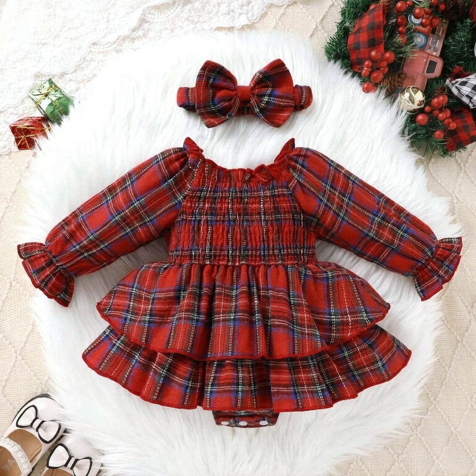 2PCS Festive Retro Plaid Printed Long Sleeve Baby Girl Romper