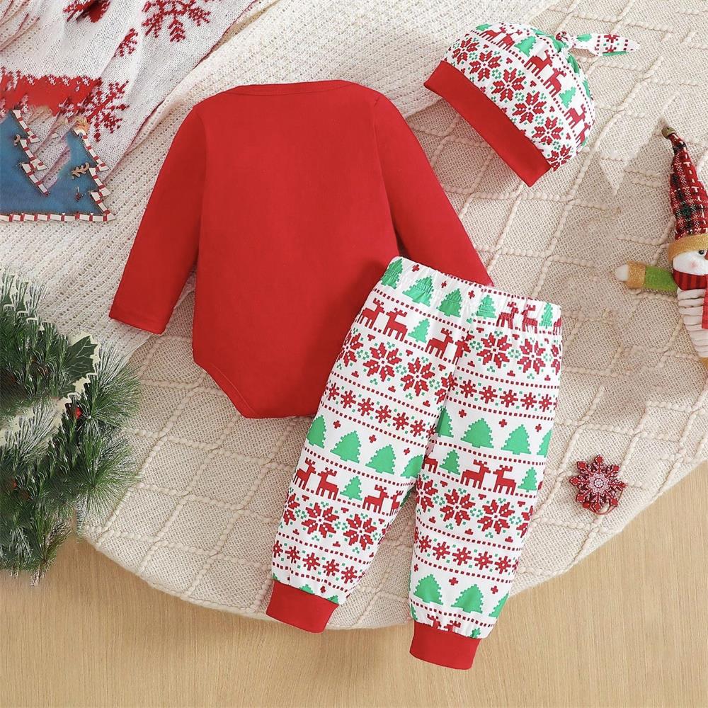 3PCS Best Gift Ever Letter Christmas Pattern Printed Long Sleeve Baby Set