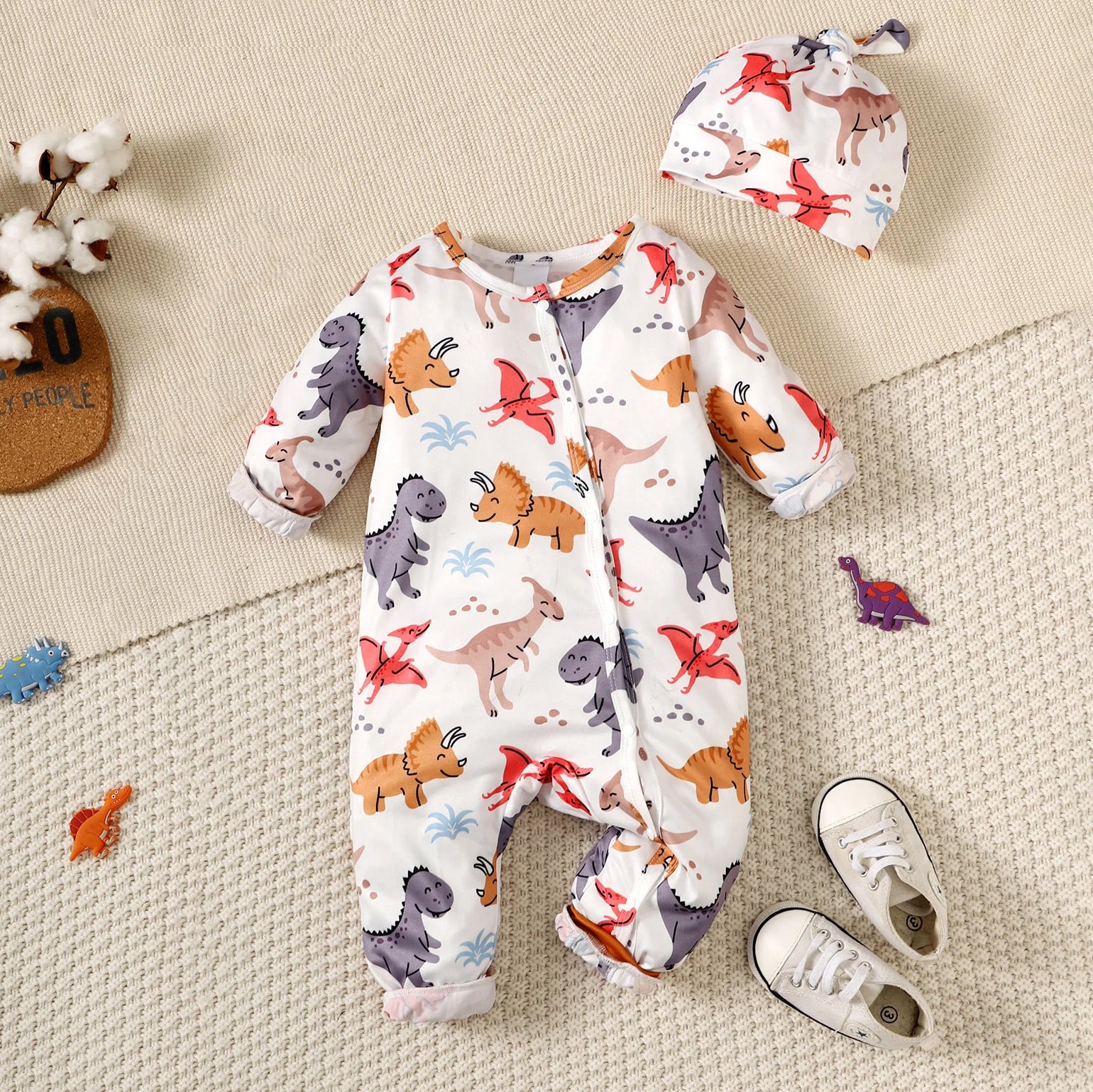 2PCS Cartoon Dinosaur Printed Long Sleeve Baby Jumpsuit