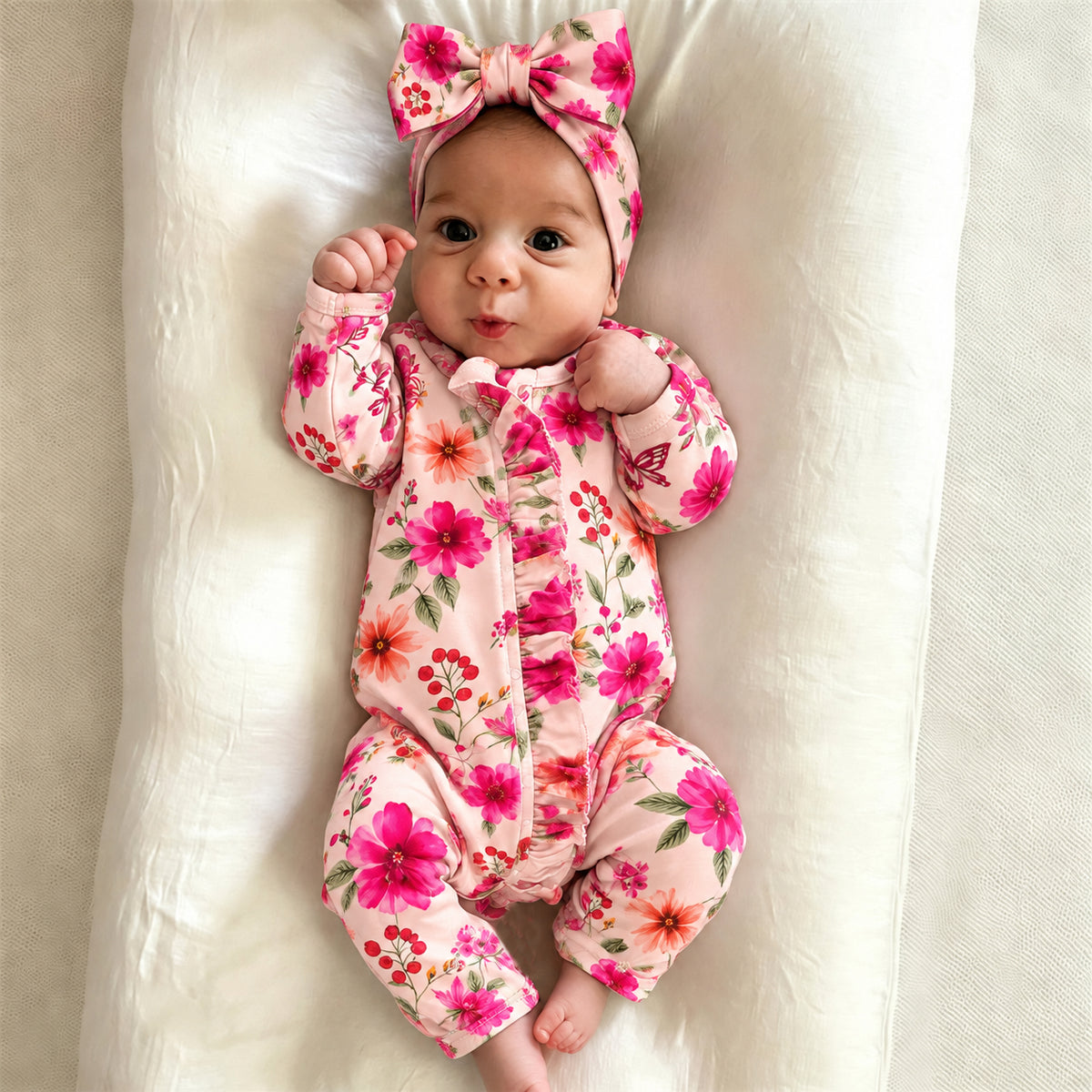 2PCS Charming Baby Girl Floral Print Long Sleeve Zipper Jumpsuit
